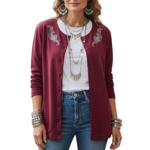 Vintage BonWorth Burgundy Embroidered Paisley Boho Cottagecore Cardigan Large